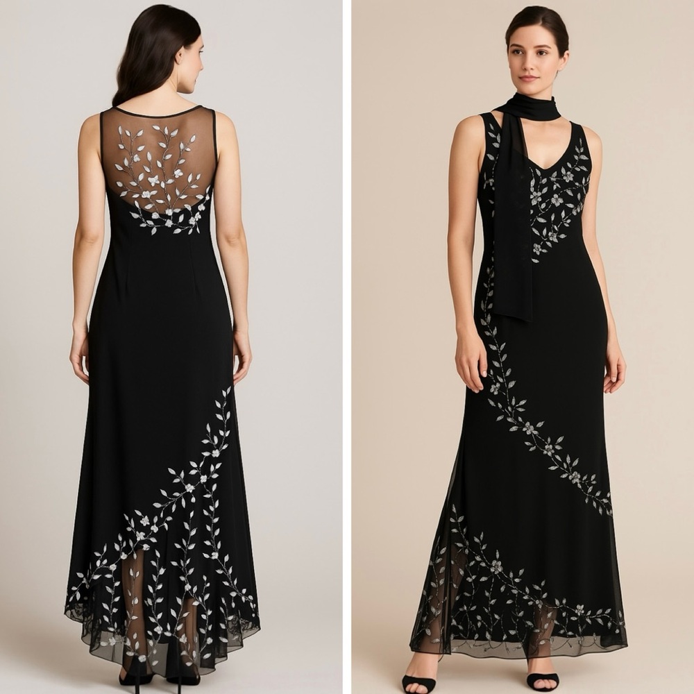 Vintage Black Embroidered Floral Beaded Mesh Evening Gown w/ Scarf | 90’s Y2K